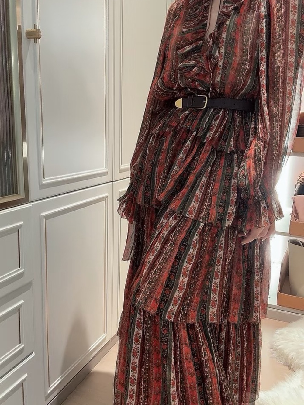 Doen Tiered Ruffle Maxi Dress in Rust and Cream Stripe